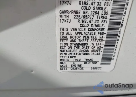 2017 Nissan Rogue Sv из США, поврежденный, VIN JN8AT2MTXHW136046